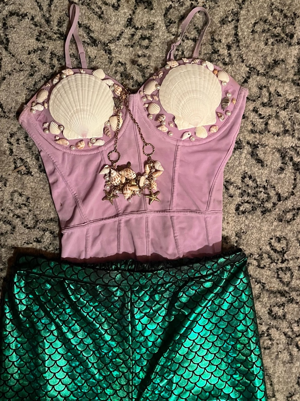Woman's Mermaid costume elastic waist w/ lavender shell leotard and necklace .